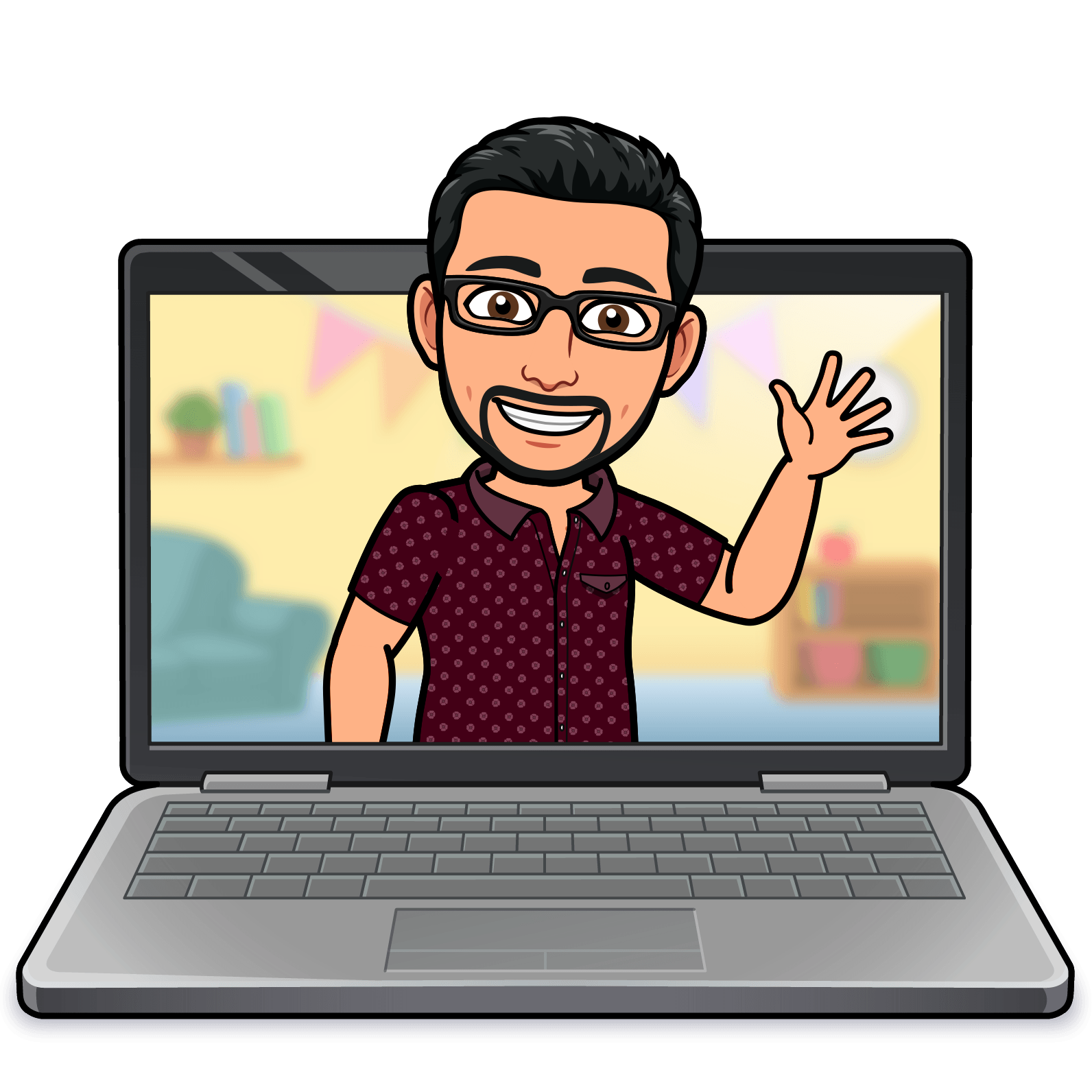 Bitmoji of Daniel waving hello from a laptop screen